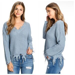 Love Tree | Dusty Blue Distressed Cropped Knit V Neck Sweater Size Small